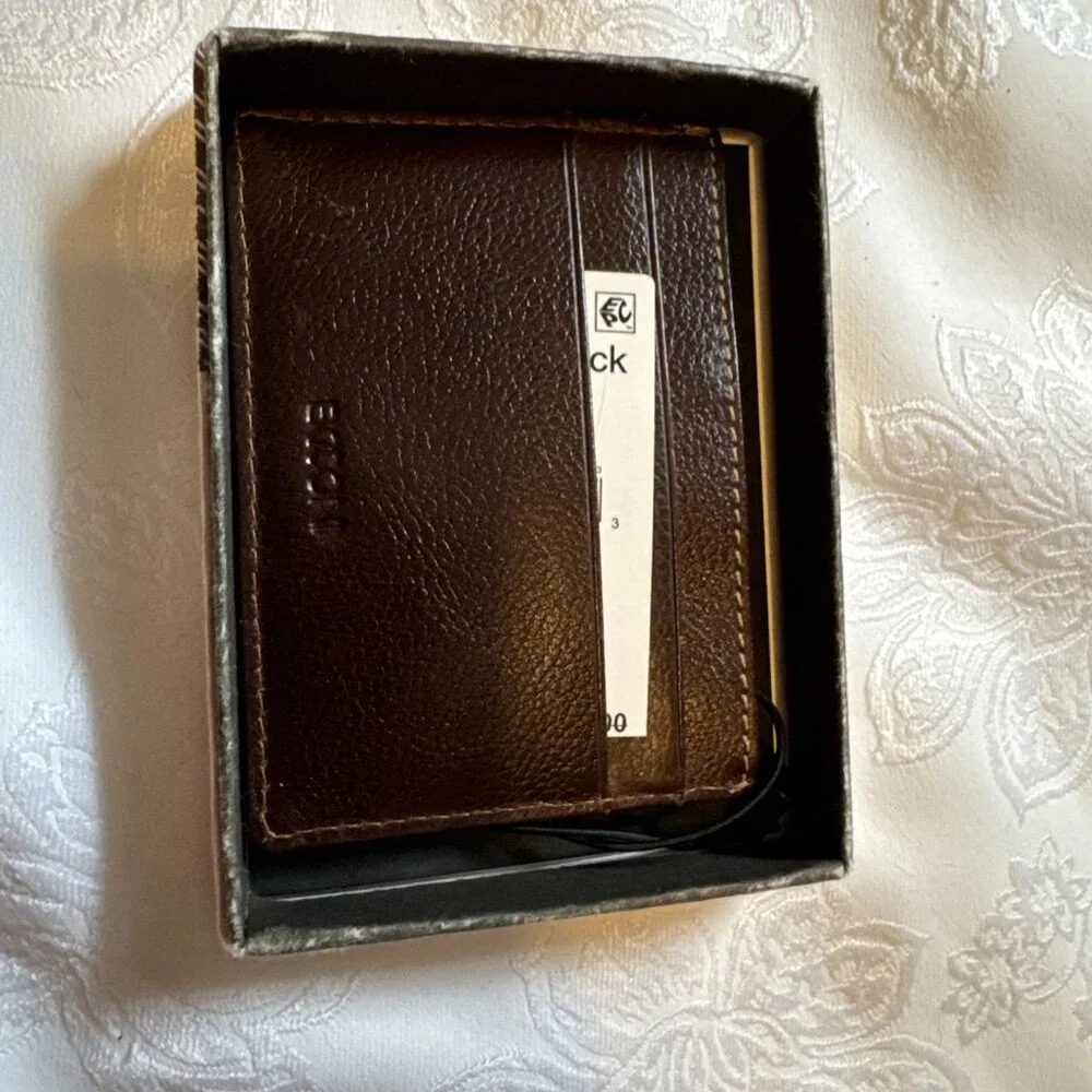 Boconi Men's Slim RFID Card Wallet Genuine Leather Brown NEW in Box